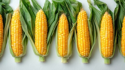 Poster - Freshly harvested corn cobs with green husks arranged neatly on a white background ideal for food and agricultural themes