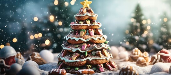 Poster - Gingerbread Christmas tree beautifully decorated with colorful icing and sweets against a festive snowy background during the holiday season