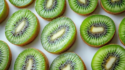 Poster - Sliced kiwi fruit showing vibrant green flesh and intricate texture against a clean white background