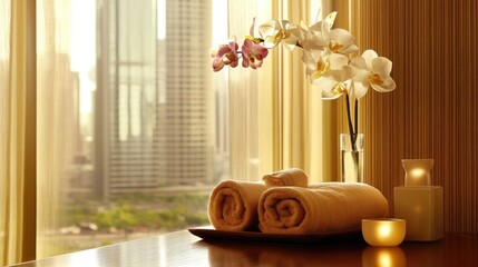 Poster - Luxurious spa setup with towels and orchids creating a serene atmosphere in a hotel room with a city view