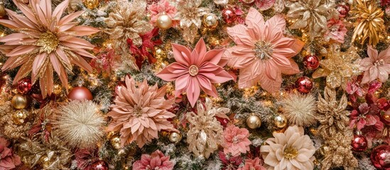 Poster - Elegant close-up of Christmas tree decorations featuring pink floral accents and shimmering ornaments creating a festive holiday ambiance.