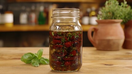 Aufkleber - Dried cherry tomatoes in a jar with herbs and spices on a wooden table showcasing Italian culinary essentials and vibrant flavors