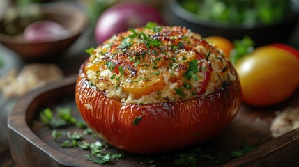 Poster - Stuffed bell pepper with fresh herbs and colorful ingredients served on a rustic wooden platter