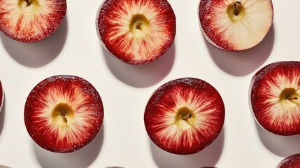 Poster - Sliced red paradise apples arranged on a white background showcasing their vibrant colors and textures