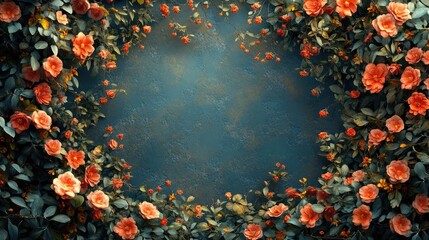 Poster - Floral frame design with vibrant roses and greenery on a textured blue background for elegant invitations or decorative purposes