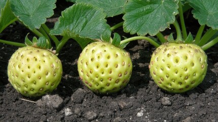 Poster - Unripe green strawberries growing in a garden with lush foliage and rich soil showcasing early fruit development