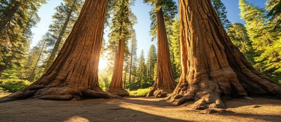 Poster - Majestic sequoia trees in a sunlit forest creating a serene and peaceful natural landscape scene