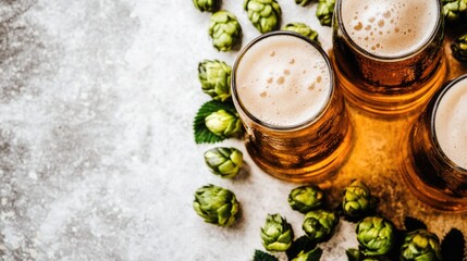 Poster - Three glasses of beer surrounded by fresh hop cones on a textured gray background showcasing the essence of brewing craftsmanship