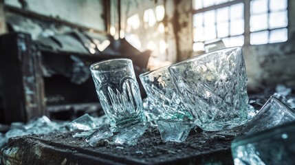 Aufkleber - Discarded vintage glassware in an abandoned factory setting with sunlight streaming through broken windows