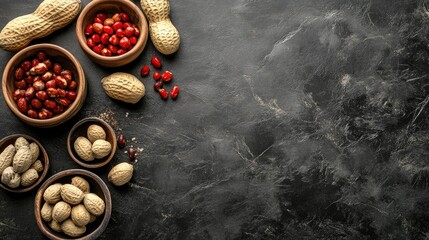 Aufkleber - Peanuts and groundnuts in wooden bowls on a dark textured background with scattered nuts and red seeds for culinary or health themes