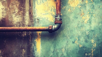 Poster - Colorful grunge concrete wall with rusted pipe featuring peeling paint textures and industrial aesthetic for backgrounds or design projects