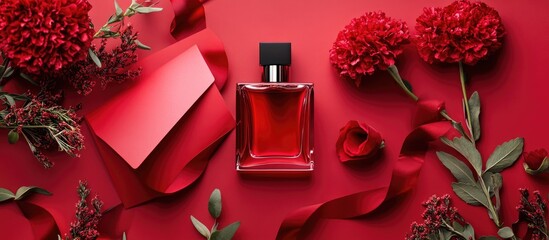 Poster - Red themed romantic perfume bottle floral arrangement with ribbon and envelope on vibrant crimson backdrop for love and gifting concepts