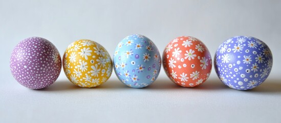Aufkleber - Colorful decorated Easter eggs arranged in a row on a light background celebrating the festive spring holiday spirit.