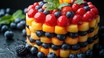 Poster - Colorful fruit dessert cake beautifully arranged with strawberries, blueberries, and mint leaves on a dark background with droplets of water.
