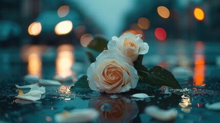 Poster - Late night city night, street lamp, a huge bouquet of white roses lies on the road.