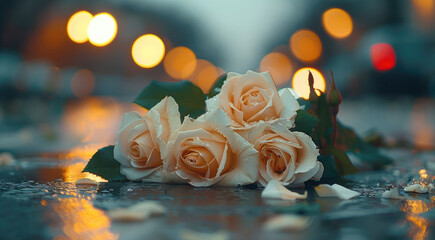 Poster - Late night city night, street lamp, a huge bouquet of white roses lies on the road.