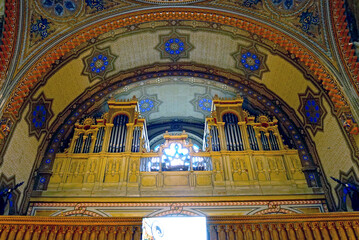 Organ, made by Carl Leopold Wegenstein in 1899 and installed above the entrance to the Cetate Synagogue in Timisoara, Romania. Beautiful interior with organ in Jewish style.