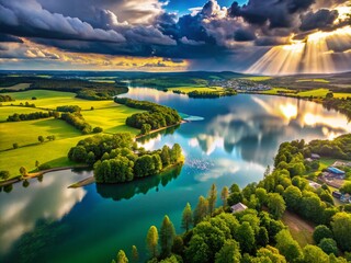 Wall Mural - Captivating Drone Photography of Sun and Rain at Dietlhofer See in Weilheim, Showcasing Nature's Beauty and Weather's Contrast in a Serene Lake Landscape