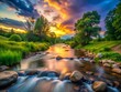 © Man888 - Captivating Long Exposure of a Wayside Scenic Landscape at Dusk, Featuring Flowing Water and Lush Vegetation with Dramatic Skies and Soft Lighting Effects for Peaceful Nature Scenes