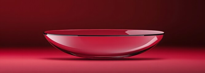 Fototapete - Contemporary round podium with a smooth, glassy surface, set against a bold deep red background, providing ample space for product placement.