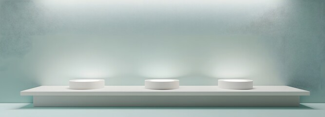 Fototapete - Glossy white podium illuminated softly, placed against a light turquoise backdrop with an open space in front for showcasing products.