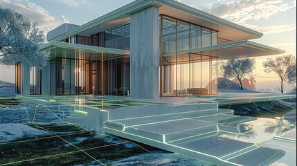 Aufkleber - a Modern-futuristic house (Under construction), as a Modern-style future-looking home with tall pillars and tall glass windows.