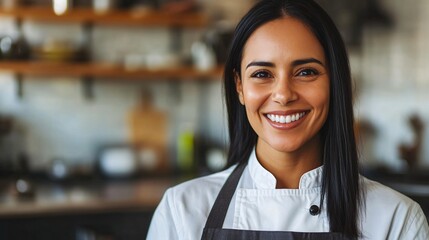 Smiling woman wearing a chef's uniform in a modern kitchen during daylight