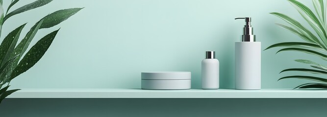 Fototapete - Matte grey podium with a clean surface, set against a soft greenish-blue backdrop, offering ample space for product display.