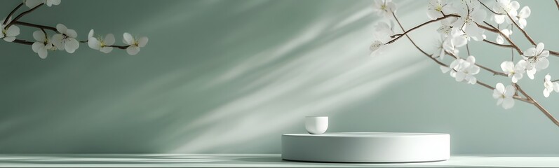 Wall Mural - matte grey podium with a sleek surface, set against a muted pastel green background, providing a spa