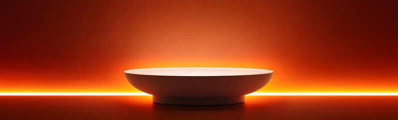 Fototapete - Simple white podium with sharp lines, bathed in soft light, set against a deep orange background with plenty of space for showcasing a product.