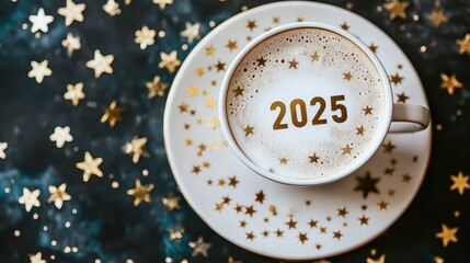 Canvas Print - Top-down view of a coffee cup with  foam art, resting on a white plate adorned with golden stars, set on a New Year-themed table