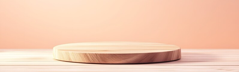 Fototapete - Polished wooden podium with natural grain, placed on a light floor with a soft pastel peach background and ample space for a product.