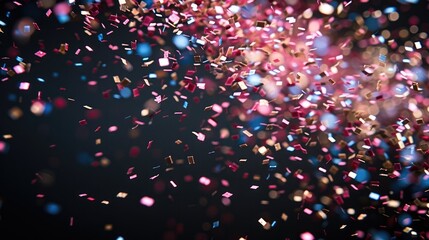 Poster - Flying pastel pink, white and blue confetti on black background.
