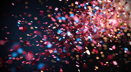 Poster - Flying pastel pink, white and blue confetti on black background.