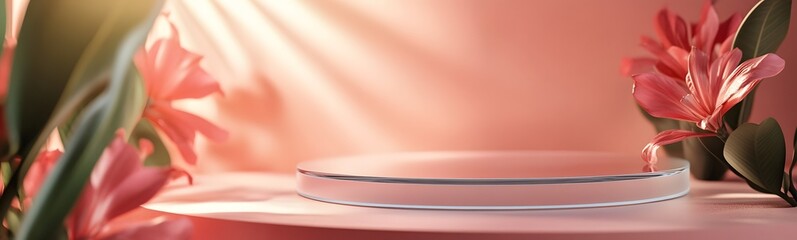 Fototapete - Floating glass podium with a smooth surface, illuminated by soft light, placed against a vibrant coral background, leaving plenty of space for products.