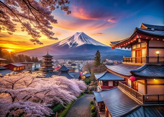 Wall Mural - Captivating Urban Exploration Photography of Mount Fuji Surrounded by Cityscapes and Nature’s Beauty at Sunrise, Showcasing the Blend of Modern and Traditional Japan