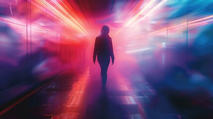 Poster - An abstract, futuristic design with vibrant tones of purple, pink, and red. features motion blur effects, and the silhouette of a person slightly visible in the background.