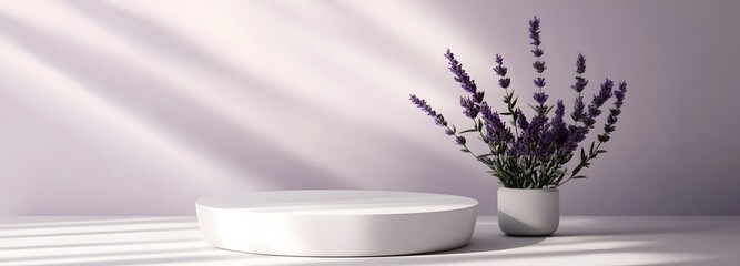 Fototapete - Minimalist white podium with sharp edges, placed against a calming light lavender background, offering plenty of space for a product display.