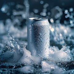 Poster - A can of white energy drink is sitting in the ice block.