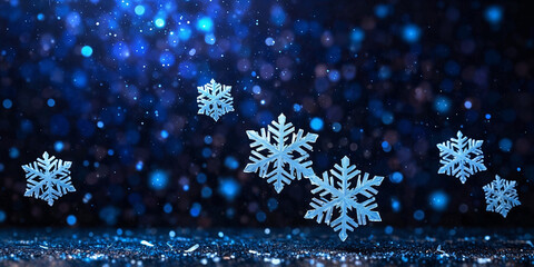 Wall Mural - magical white snowflakes over glitter blue dark background