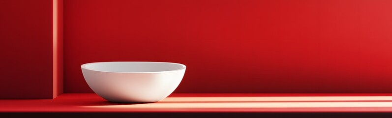 Fototapete - Modern white podium with a glossy finish, illuminated by soft lighting, set against a deep red background, with plenty of room for product placement.