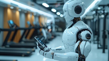 Leinwandbilder - The robot is holding a tablet in a futuristic gym, monitoring workout progress and giving fitness suggestions.