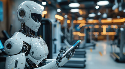 Leinwandbilder - The robot is holding a tablet in a futuristic gym, monitoring workout progress and giving fitness suggestions.