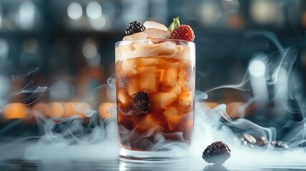 Poster - An iced coffee drink served with smoke infused with berry and citrus flavors, adding a refreshing twist.