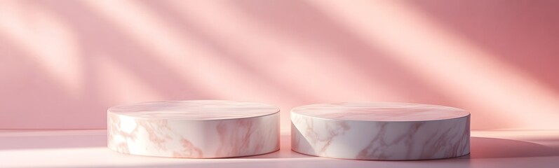 Fototapete - Elegant marble podium with natural texture, illuminated gently, placed in front of a soft blush pink backdrop, creating space for showcasing a product.