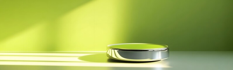 Fototapete - Shiny chrome podium with a reflective surface, under soft lighting, set against a bright lime green background with ample space for product display.