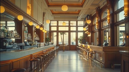 Poster - The interior of a large bar during the day.