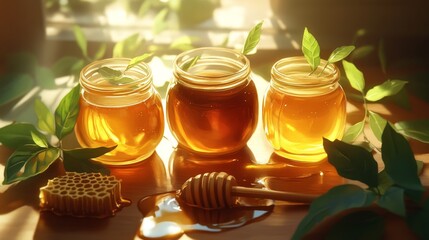 Sticker - 41.A natural table scene with three jars of honey, one light gold, one medium amber, and one dark brown, surrounded by a honeycomb dripping honey. Fresh green leaves are scattered across the table,