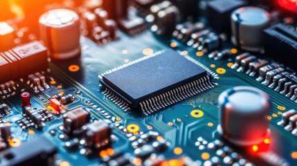 Poster - Detailed view of a green circuit board highlighting electronic components and microchips in a high technology setting.