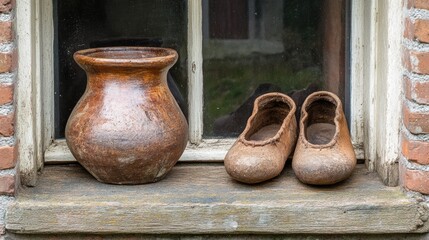 Traditional Dutch wooden shoes and a pottery jug displayed on a rustic windowsill in Orvelte showcasing cultural heritage.